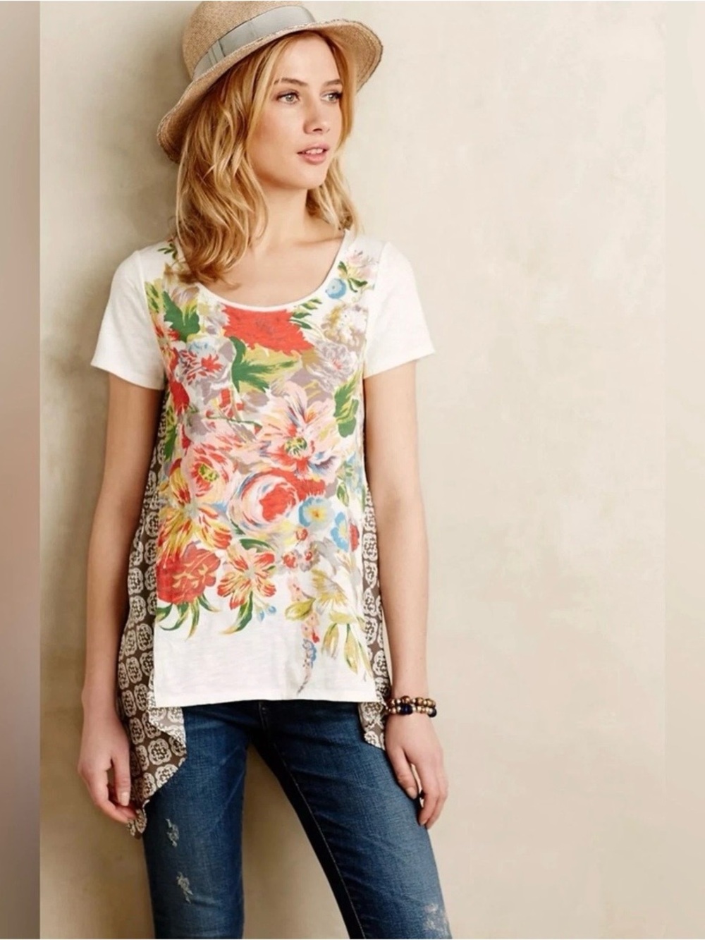 Anthropologie Little Yellow Button Elysia Mixed Media Top L Floral Boho